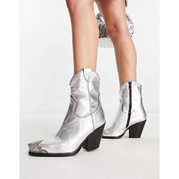 Free People Brayden Metallic Leather Metal Toe Western Cowboy Boots Booties 8.5 - Picture 7 of 16